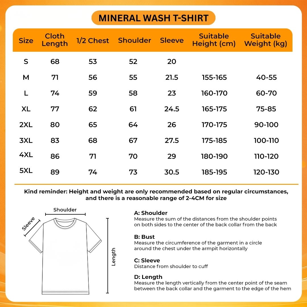 Mineral Wash T Shirt Size Chart - BTS Shop UK